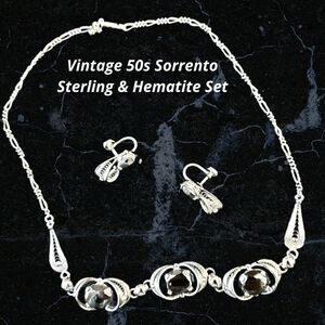 VINTAGE 50s Sorrento Sterling & Hematite 16" Necklace & Screw Post Earring Set